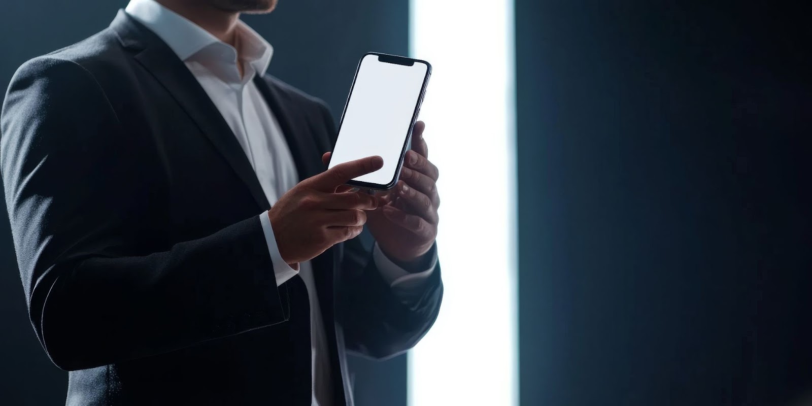 a man during a product launch showcasing a new smartphone