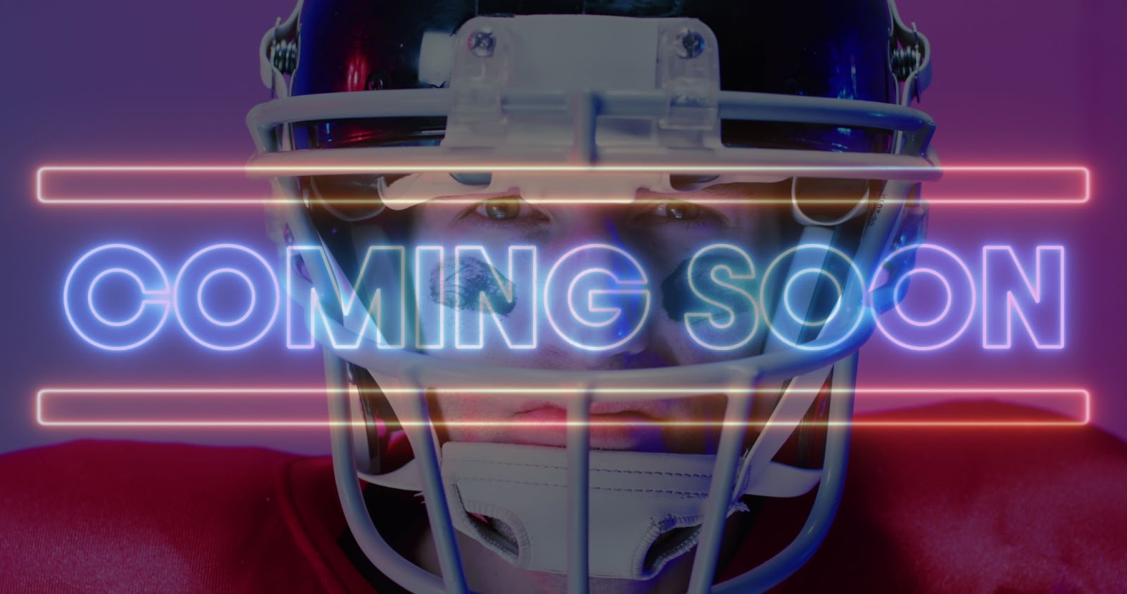 a neon Coming Soon sign with an American Football player in the background