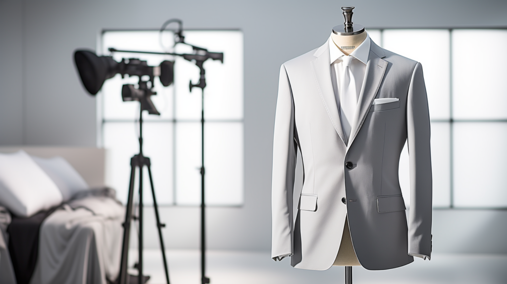 product photoshoot of a man’s suit in a studio setting