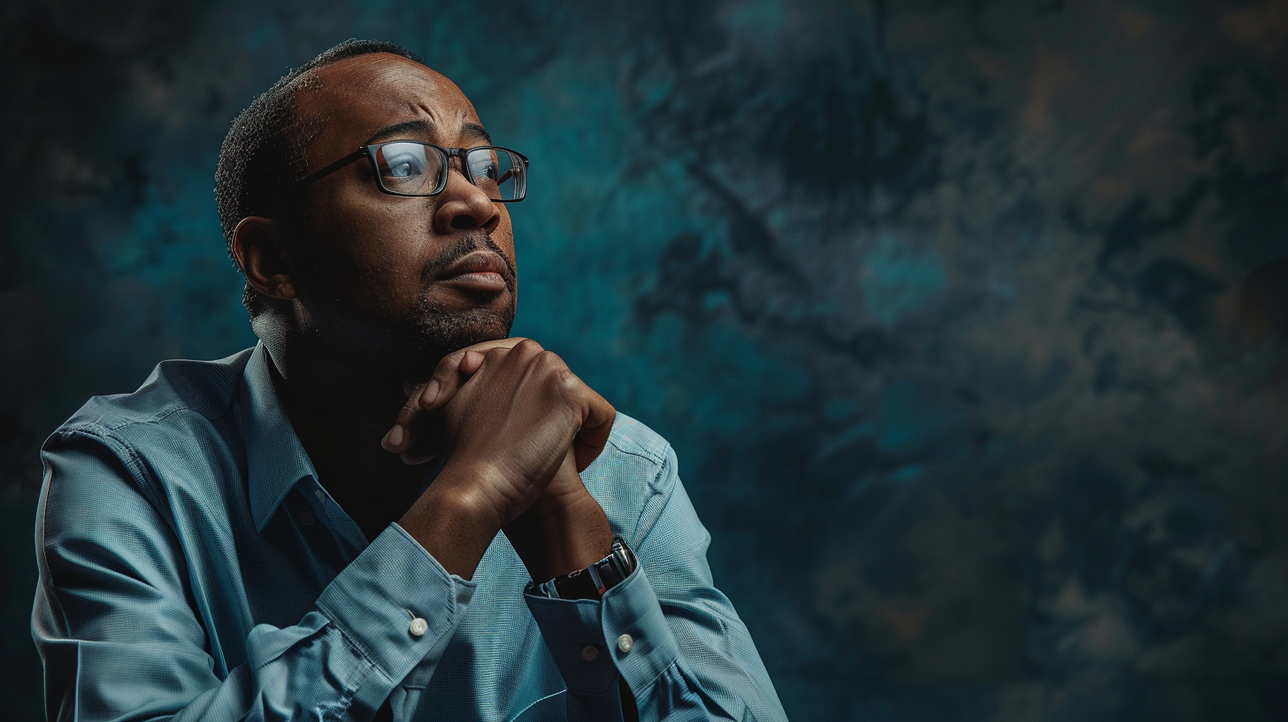 a portrait of a man in deep thought against a dark background