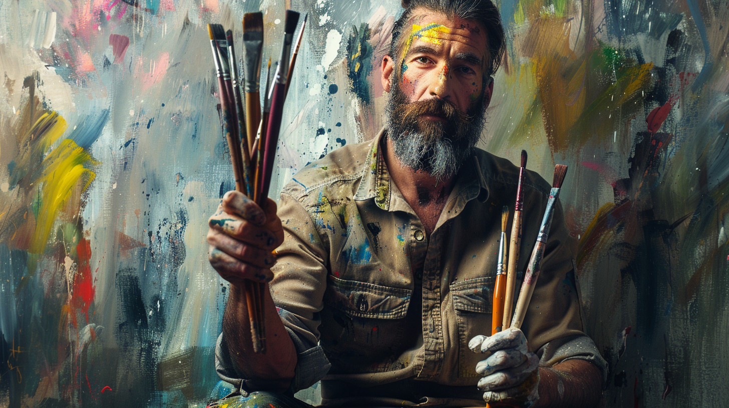 a creative portrait of a painter holding art supplies