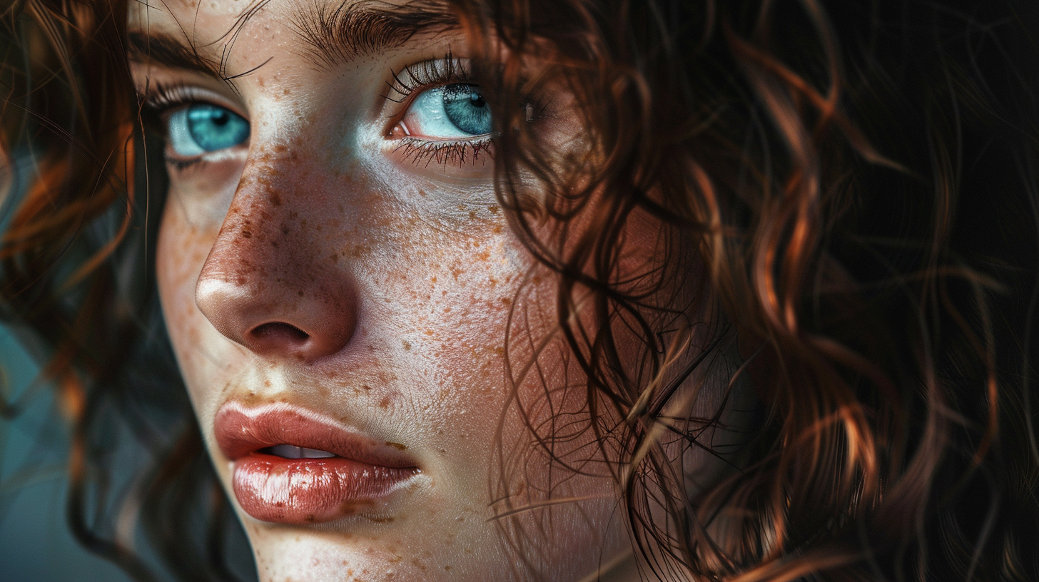 a portrait of a woman with blue eyes and curly red hair