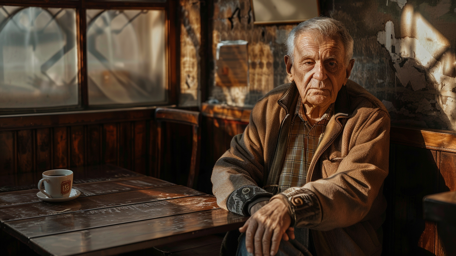 a portrait of an old man sitting by the table