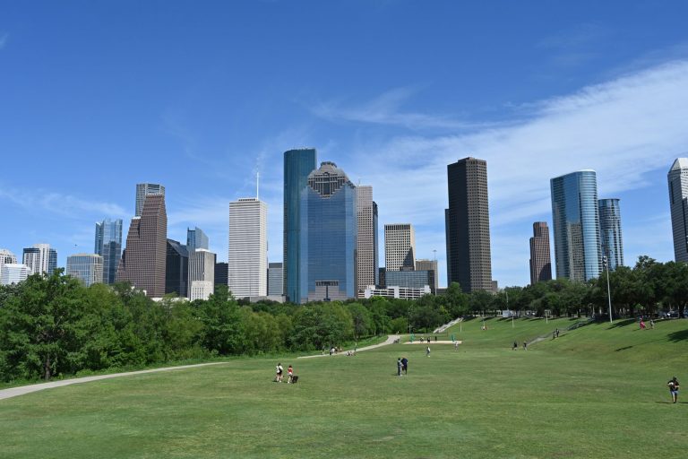 Buffalo Bayou Park with the downtown Houston skyline, one of the best photoshoot locations in Houston