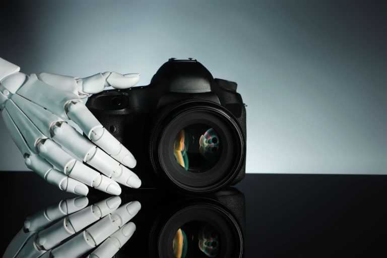 High-quality DSLR camera with robotic hand for videography.