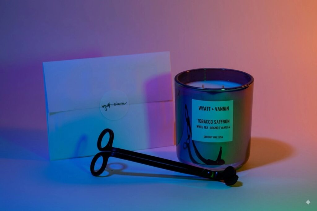 Candle, wick trimmer, and branded envelope under colorful gradient studio lighting