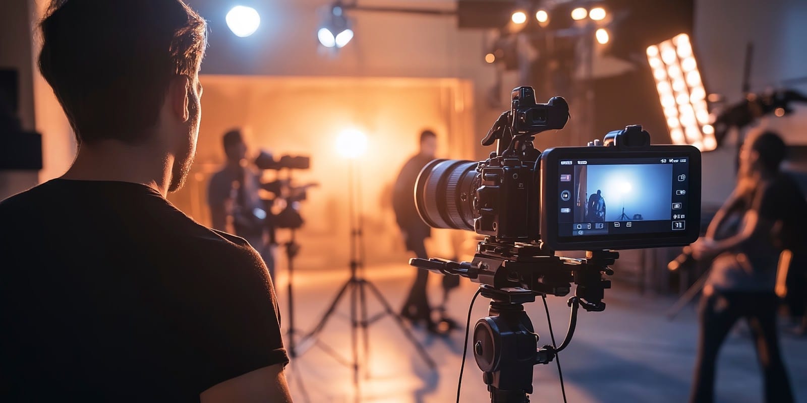 Filmmaker filming a corporate event with professional camera equipment.