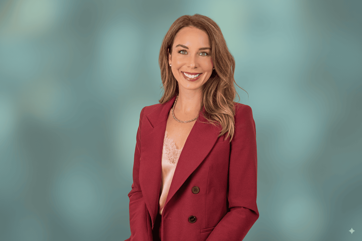 Confident woman in red blazer for professional headshot in Houston.